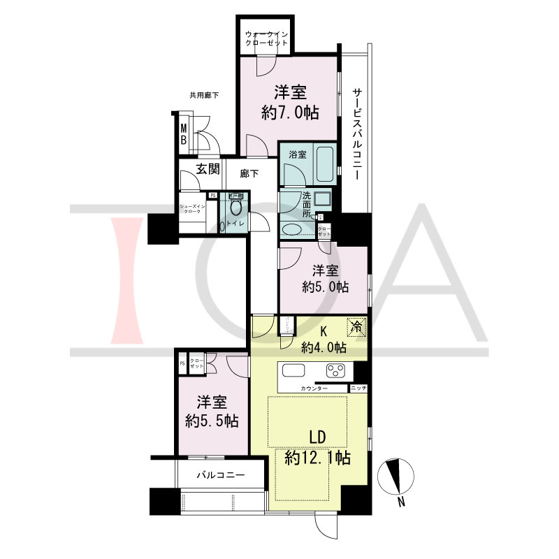 ローレルタワー心斎橋の間取り図 北西向き角　3LDK+WIC+SIC　専有面積80.15m2
バルコニー面積5.58m2
サービスバルコニー面積5.32m2