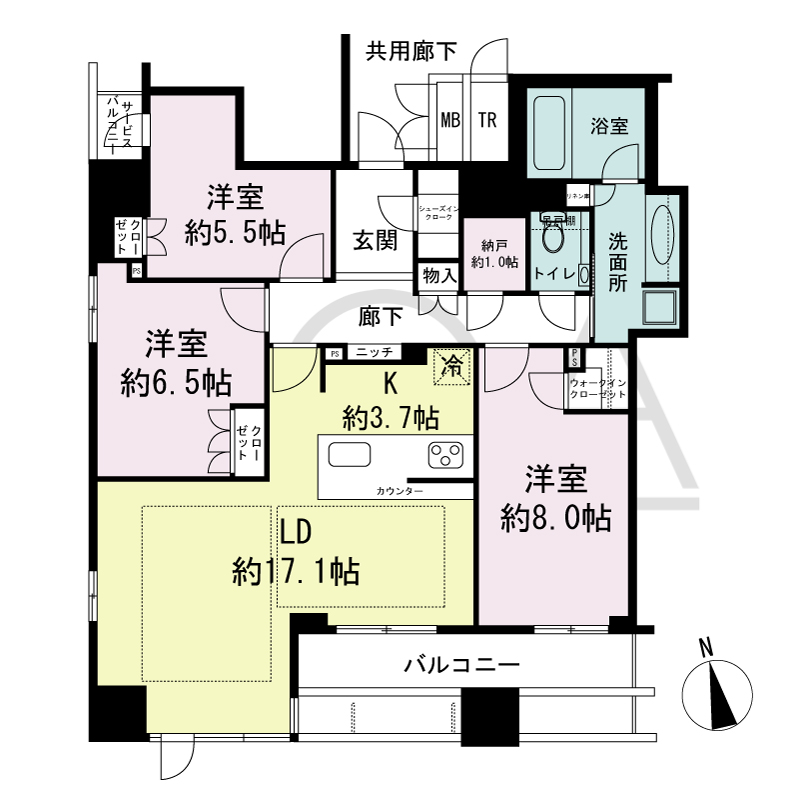 ローレルタワー心斎橋の間取り図 南向き角　3LDK+N+WIC+SIC　専有面積97.80m2
バルコニー面積10.89m2
サービスバルコニー面積1.23m2