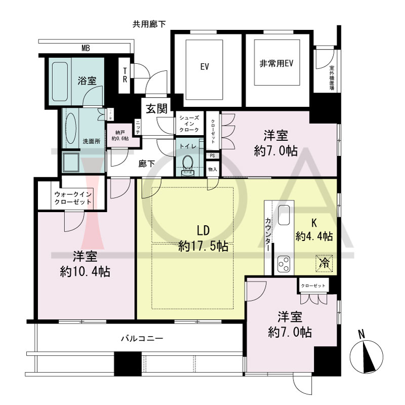 ローレルタワー心斎橋の間取り図 南向き角　3LDK+N+WIC+SIC　専有面積101.47m2
バルコニー面積13.86m2