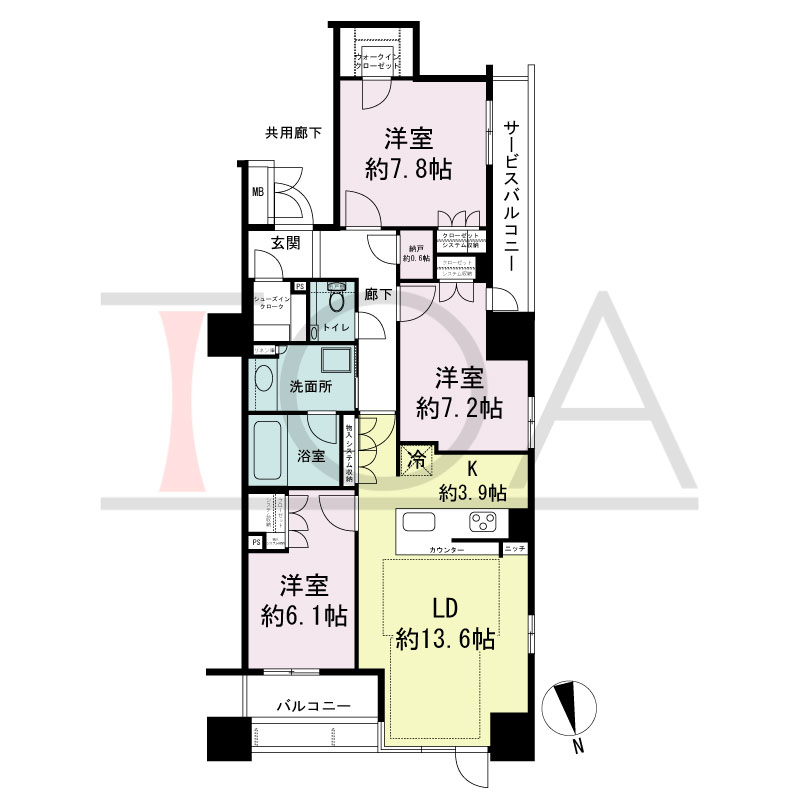 ローレルタワー心斎橋の間取り図 北西向き角　3LDK+N+WIC+SIC　専有面積89.90m2
バルコニー面積5.58m2
サービスバルコニー面積5.32m2