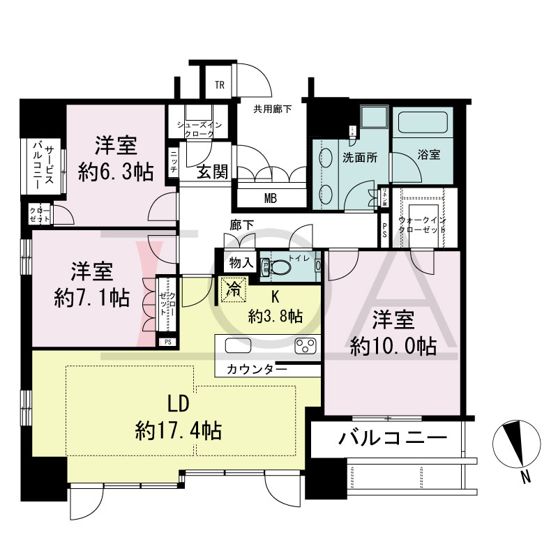 ローレルタワー心斎橋の間取り図 北東向き角　3LDK+SIC　専有面積101.23m2
バルコニー面積7.07m2
サービスバルコニー面積1.52m2