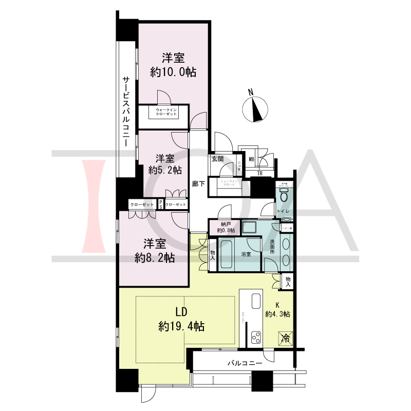 ローレルタワー心斎橋の間取り図 南向き角　3LDK+N+WIC　専有面積110.80m2
バルコニー面積9.09m2
サービスバルコニー面積6.55m2