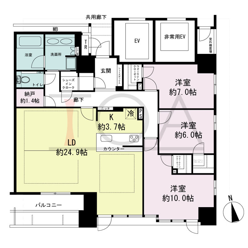 ローレルタワー心斎橋の間取り図 南向き角　3LDK+N+WIC　専有面積121.16m2
バルコニー面積7.65m2