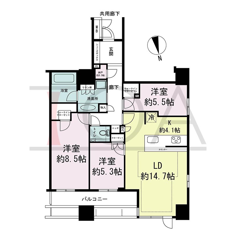 ローレルタワー心斎橋の間取り図 北西向き角　3LDK+N+WIC　専有面積87.99m2
バルコニー面積10.80m2