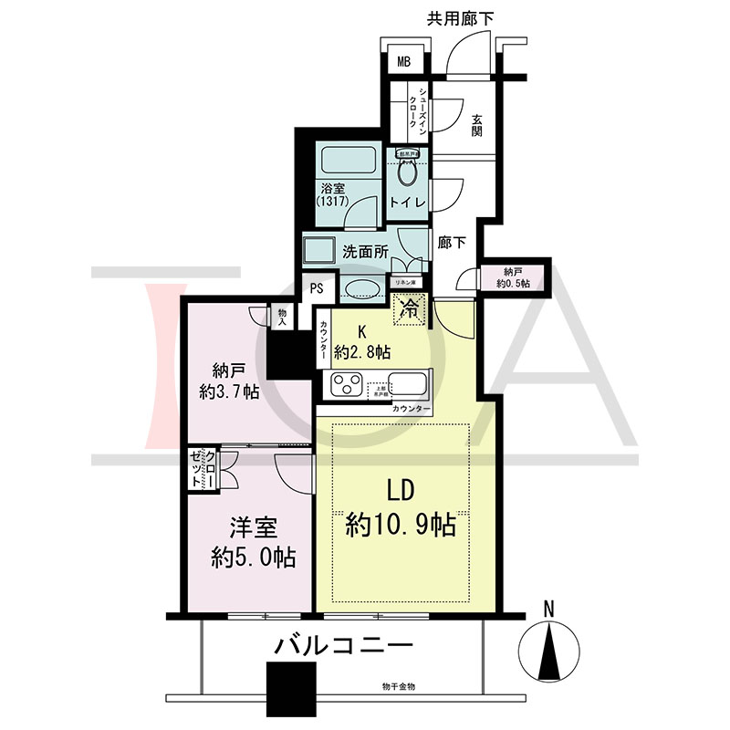 クレヴィアタワー大阪本町の間取り図 南向き　1LDK+DEN+N+SIC　専有面積55.06m2
バルコニー面積8.88m2