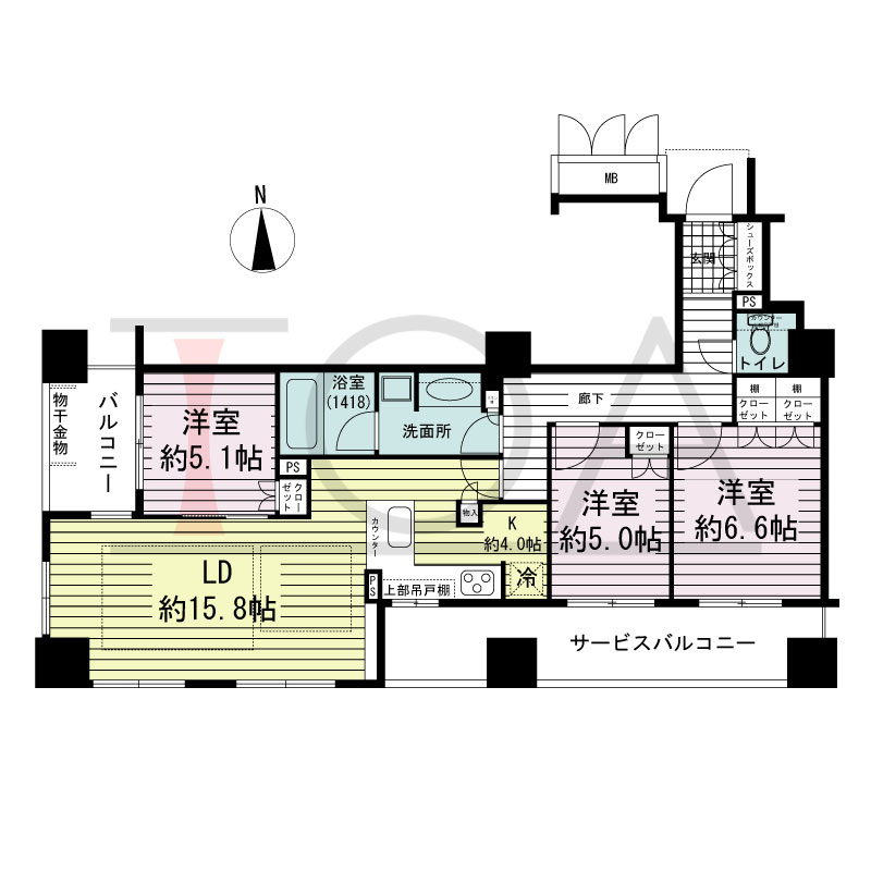 ブランズタワー大阪備後町の間取り図 南西向き　3LDK　専有面積83.77m2
バルコニー面積5.13m2
サービスバルコニー面積13.17m2