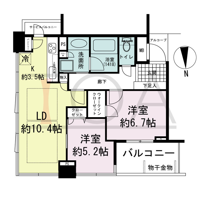 マストタワー安堂寺の間取り図 [15F-28F]
北東向き角　2LDK　専有面積61.92m2
バルコニー面積6.93m2
サービスバルコニー面積1.76m2