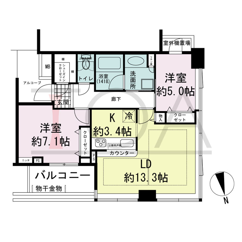 マストタワー安堂寺の間取り図 [15F-28F]
北西向き角　2LDK+SIC　専有面積67.19m2
バルコニー面積6.93m2
室外機置場面積1.36m2