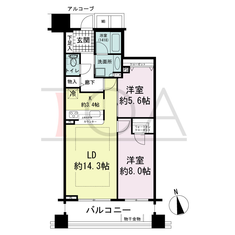 マストタワー安堂寺の間取り図 [7F-24F]
南向き　2LDK　専有面積70.06m2
バルコニー面積11.97m2