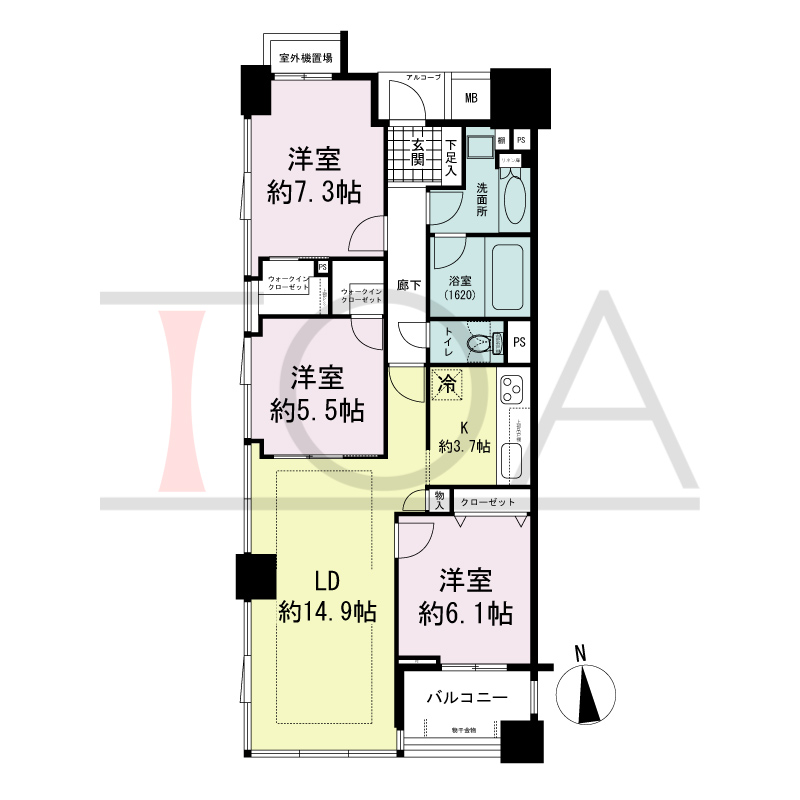 マストタワー安堂寺の間取り図 [6F-24F]
南西向き角　3LDK　専有面積83.60m2
バルコニー面積5.51m2
室外機置場面積1.36m2