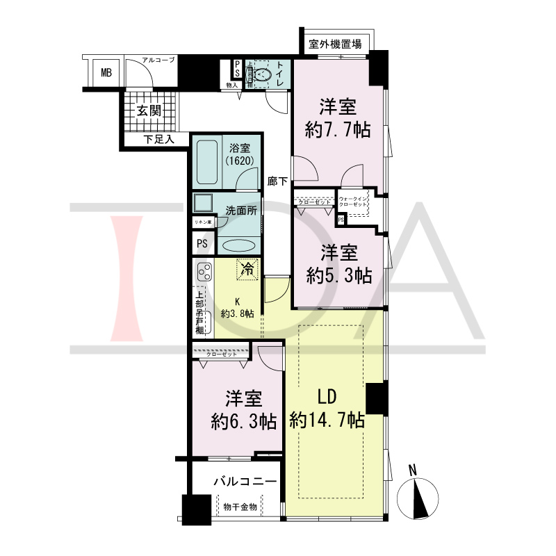 マストタワー安堂寺の間取り図 [6F-24F]
南東向き角　3LDK　専有面積91.62m2
バルコニー面積5.51m2
室外機置場面積1.76m2