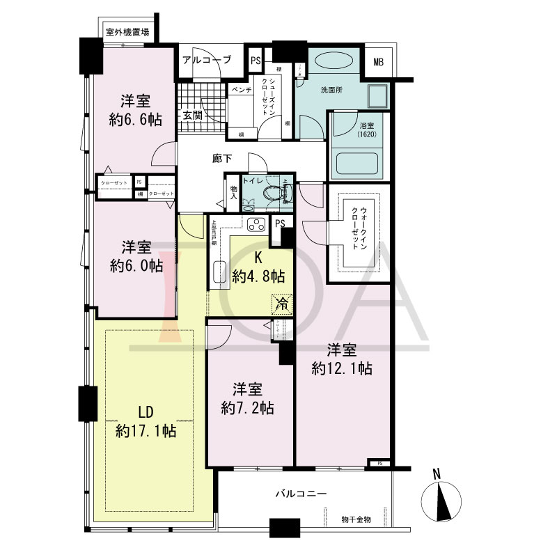 マストタワー安堂寺の間取り図 [25F-31F]
南西向き角　4LDK+SIC　専有面積124.87m2
バルコニー面積10.26m2
室外機置場面積1.36m2