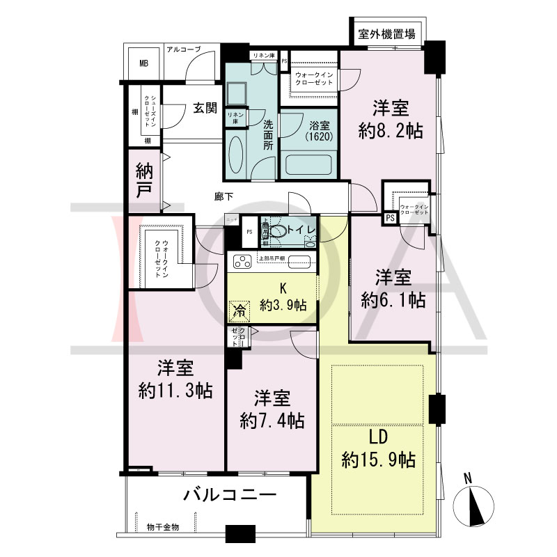マストタワー安堂寺の間取り図 [25F-31F]
南東向き角　4LDK+N+SIC　専有面積126.25m2
バルコニー面積10.45m2
室外機置場面積1.76m2