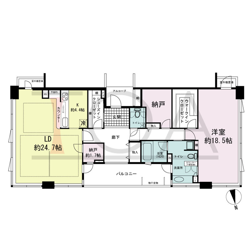 マストタワー安堂寺の間取り図 [30F-32F]
北向き角　1LDK+DEN+N+SIC　専有面積132.60m2
バルコニー面積13.87m2
室外機置場面積3.12m2