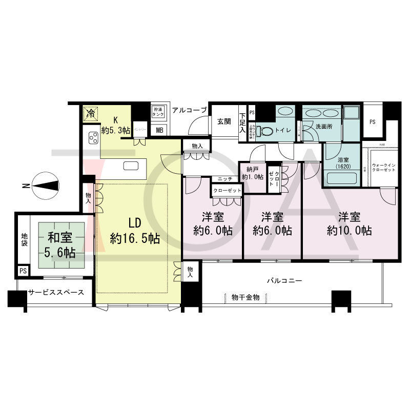 パークタワー北浜の間取り図 西向き 4LDK 専有面積120.05m2
バルコニー面積16.43m2