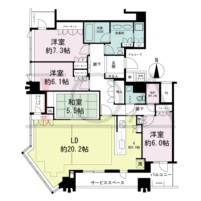 パークタワー北浜の間取り図 南西向き角 4LDK 専有面積122.17m2
バルコニー面積6.23m2