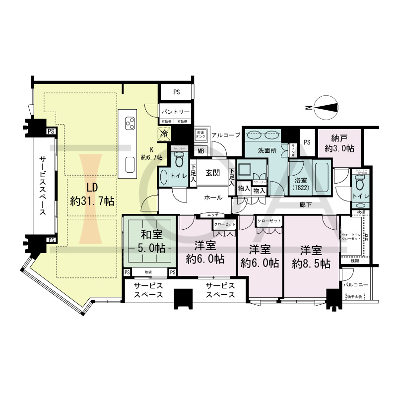 パークタワー北浜の間取り図 北西向き角 4LDK 専有面積160.03m2
バルコニー面積3.08m2