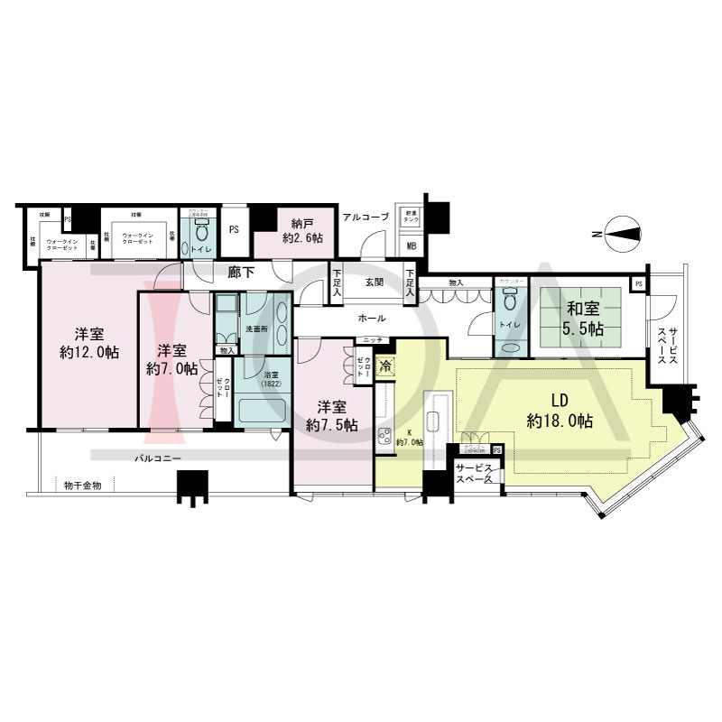 パークタワー北浜の間取り図 南西向き角 4LDK 専有面積148.58m2
バルコニー面積15.97m2