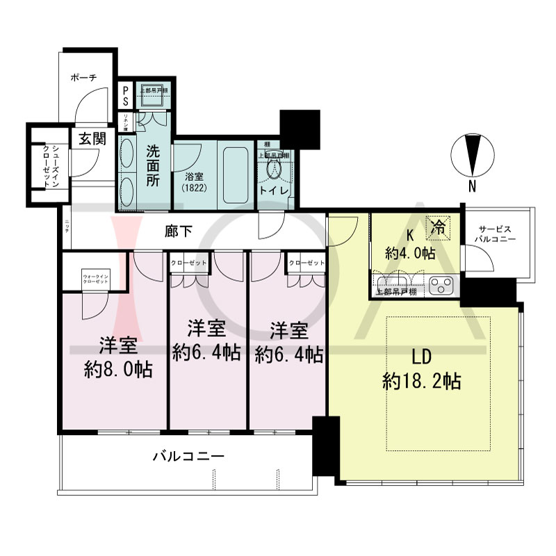 MJR堺筋本町タワーの間取り図 北西向き角　3LDK+WIC+SIC　専有面積100.07m2
バルコニー面積11.37m2
サービスバルコニー面積3.81m2
ポーチ面積2.89m2