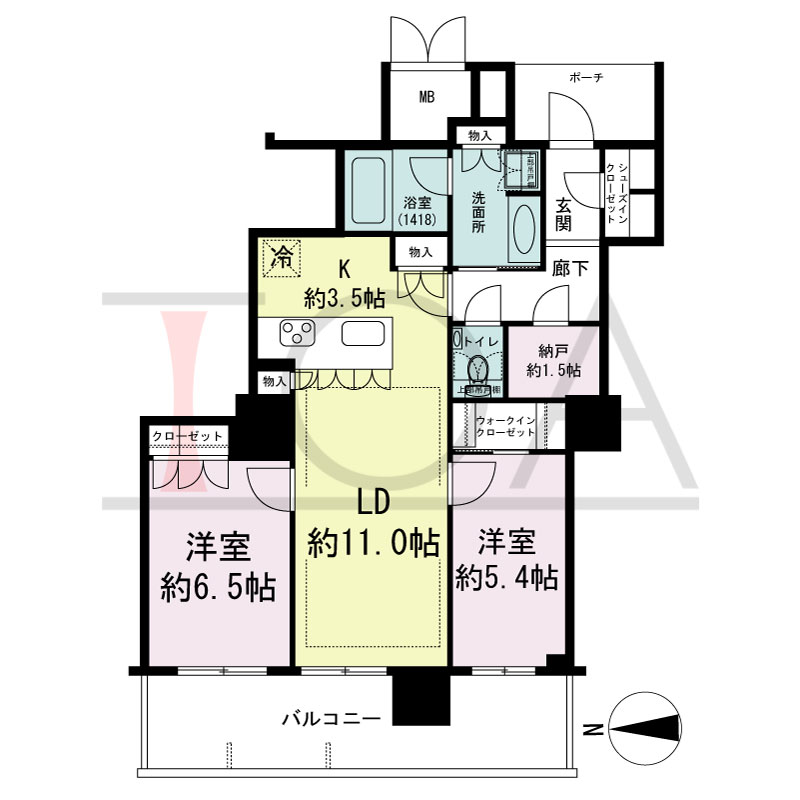 MJR堺筋本町タワーの間取り図 西向き　2LDK+WIC+SIC　専有面積67.50m2
バルコニー面積14.11m2
ポーチ面積3.78m2