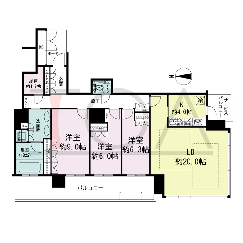 MJR堺筋本町タワーの間取り図 南西向き角　3LDK+N　専有面積110.07m2
バルコニー面積19.45m2
サービスバルコニー面積3.91m2
ポーチ面積4.37m2