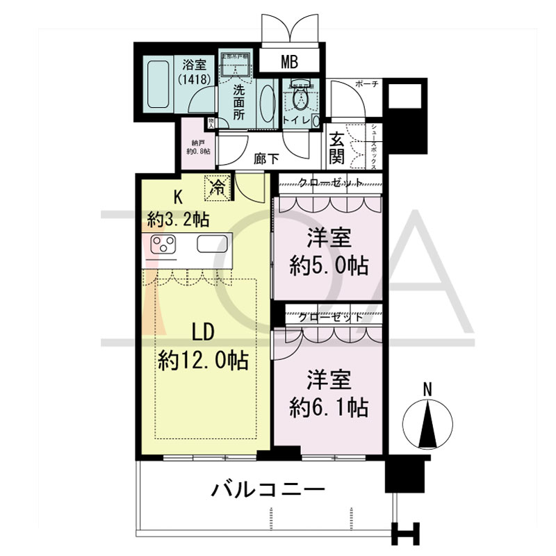 MJR堺筋本町タワーの間取り図 南向き　2LDK　専有面積61.14m2
バルコニー面積12.45m2
ポーチ面積1.66m2