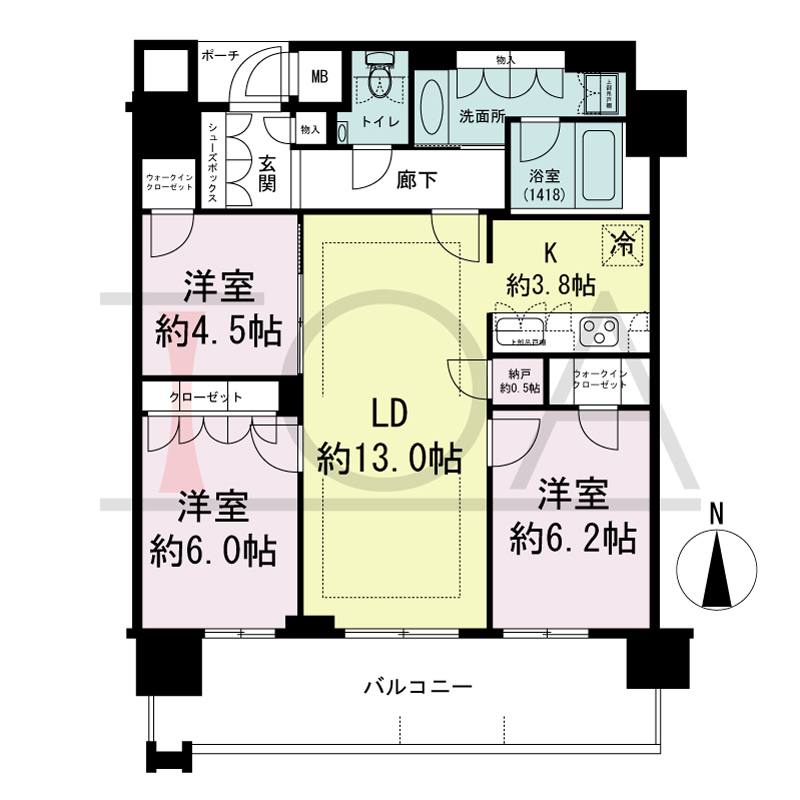 MJR堺筋本町タワーの間取り図 南向き　3LDK+WIC　専有面積78.26m2
バルコニー面積14.62m2
ポーチ面積1.66m2