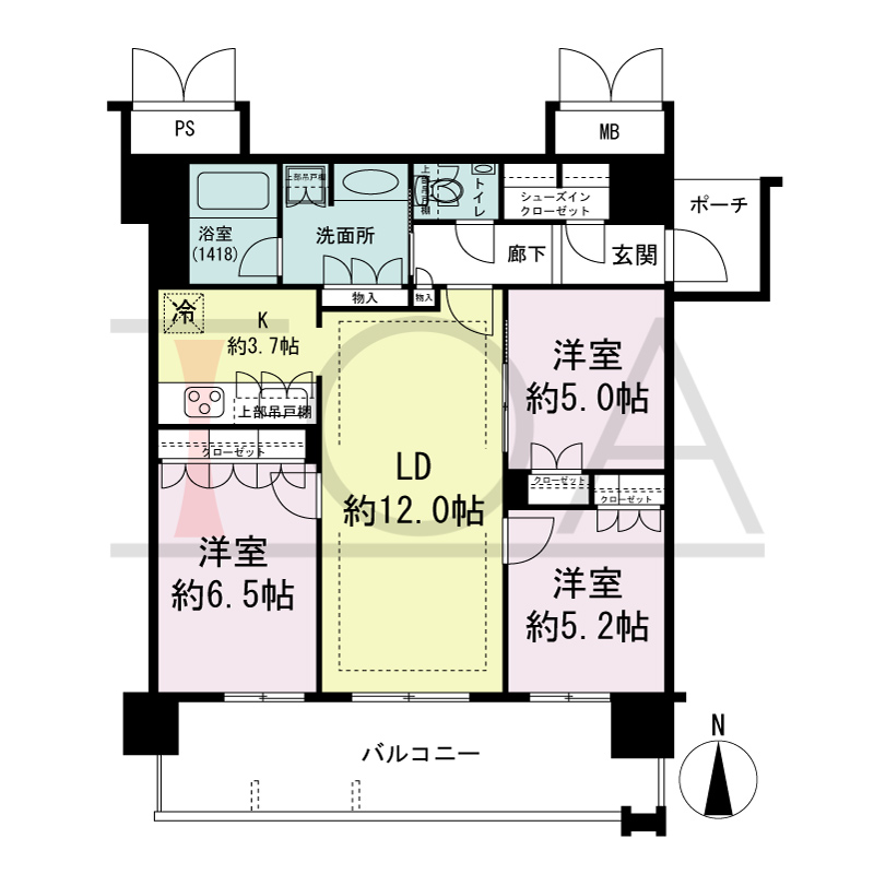 MJR堺筋本町タワーの間取り図 南向き　3LDK+SIC　専有面積74.63m2
バルコニー面積14.79m2
ポーチ面積2.76m2