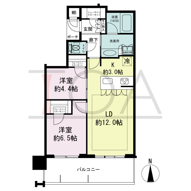 MJR堺筋本町タワーの間取り図 南向き　2LDK+WIC+SIC　専有面積60.05m2
バルコニー面積12.36m2
ポーチ面積1.67m2