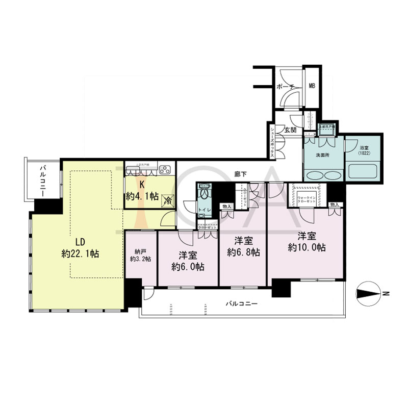 MJR堺筋本町タワーの間取り図 南東向き角　3LDK+WIC+SIC　専有面積120.84m2
バルコニー面積20.33m2
ポーチ面積3.75m2