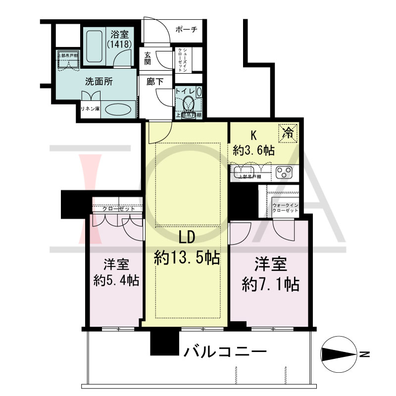 MJR堺筋本町タワーの間取り図 東向き　2LDK+WIC+SIC　専有面積70.18m2
バルコニー面積14.49m2
ポーチ面積1.88m2