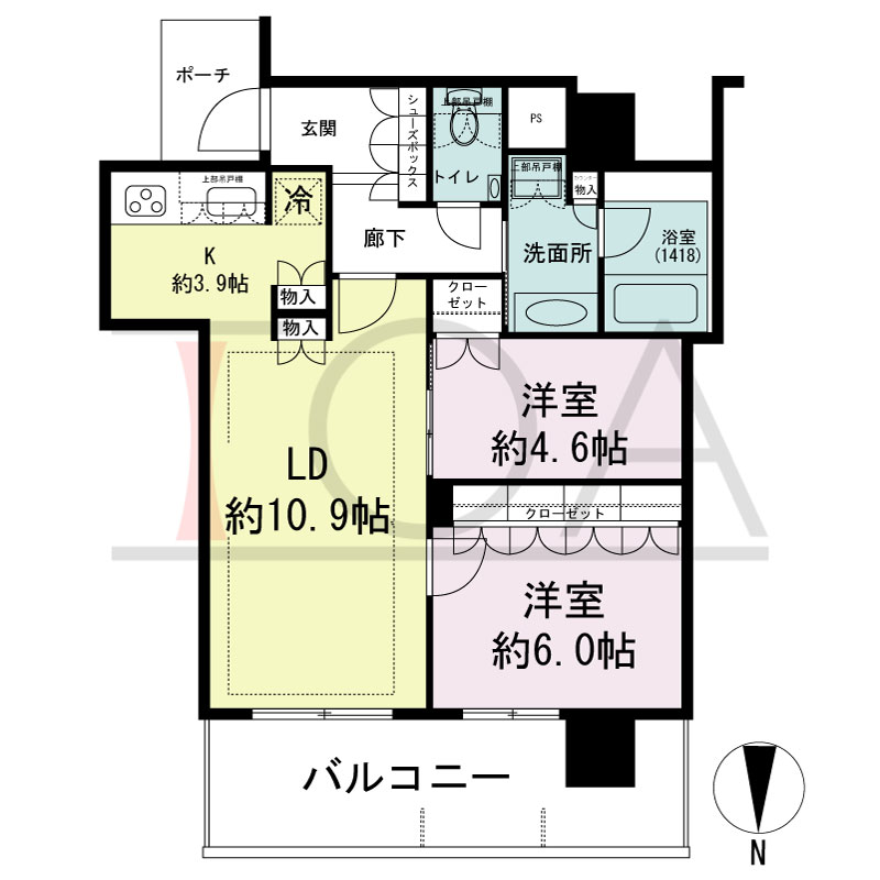 MJR堺筋本町タワーの間取り図 北向き　2LDK　専有面積61.63m2
バルコニー面積12.19m2
アルコープ面積2.97m2