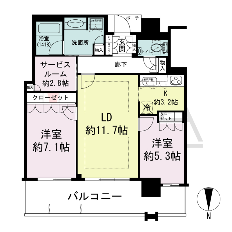 MJR堺筋本町タワーの間取り図 北向き　2LDK　専有面積70.21m2
バルコニー面積15.31m2
ポーチ面積1.92m2