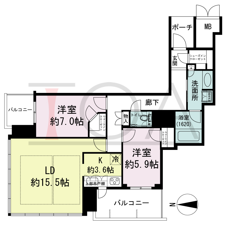 MJR堺筋本町タワーの間取り図 北西向き角　2LDK+WIC+SIC　専有面積81.40m2
バルコニー面積12.10m2
ポーチ面積3.20m2