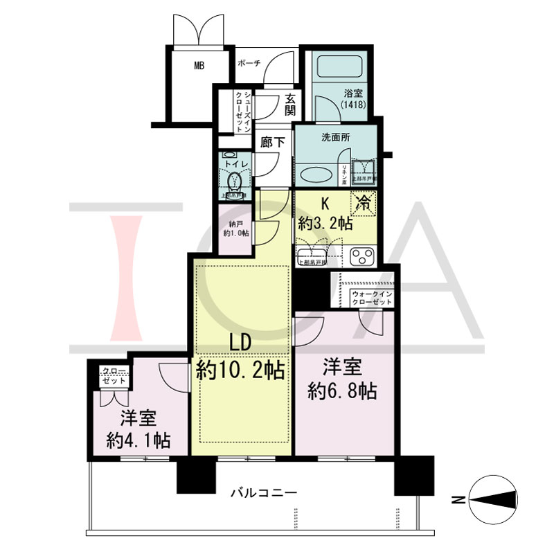 MJR堺筋本町タワーの間取り図 西向き　2LDK+WIC+SIC　専有面積59.23m2
バルコニー面積15.56m2
ポーチ面積1.92m2