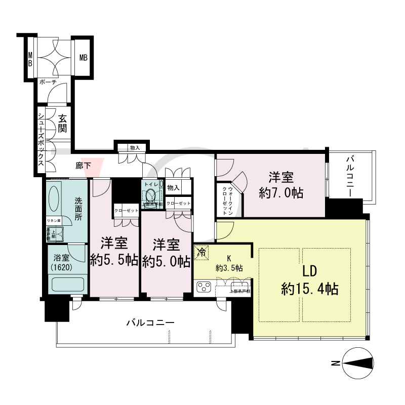 MJR堺筋本町タワーの間取り図 南西向き角　3LDK+WIC　専有面積90.02m2
バルコニー面積17.54m2
ポーチ面積1.76m2