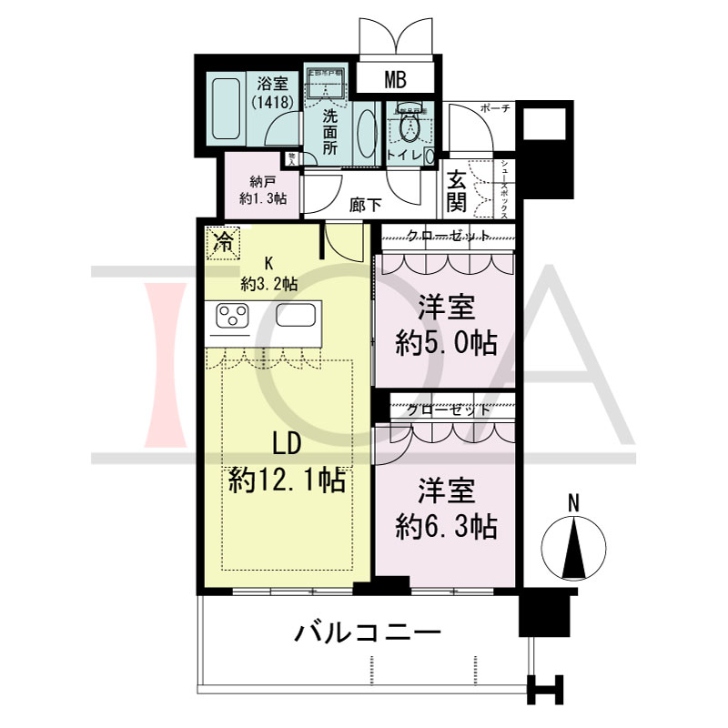 MJR堺筋本町タワーの間取り図 南向き　2LDK+N　専有面積62.75m2
バルコニー面積12.45m2
ポーチ面積1.66m2