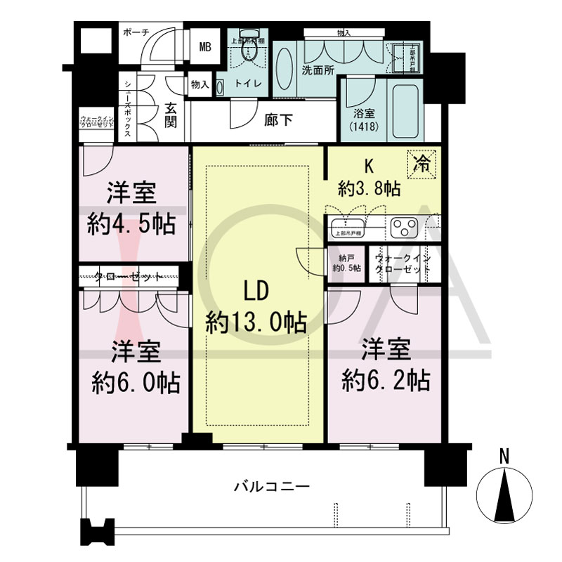 MJR堺筋本町タワーの間取り図 南向き　3LDK+WIC　専有面積78.26m2
バルコニー面積14.79m2
ポーチ面積1.66m2