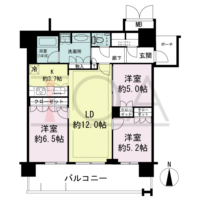 MJR堺筋本町タワーの間取り図 南向き　3LDK+SIC　専有面積74.63m2
バルコニー面積14.79m2
ポーチ面積3.06m2