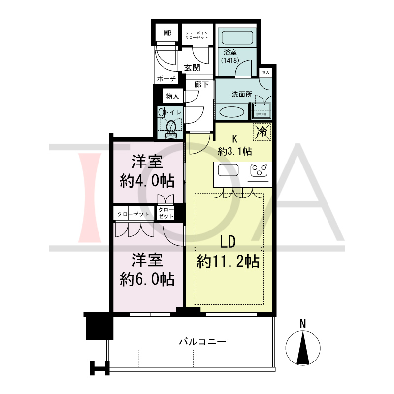 MJR堺筋本町タワーの間取り図 南向き　2LDK　専有面積55.93m2
バルコニー面積11.92m2
ポーチ面積1.55m2