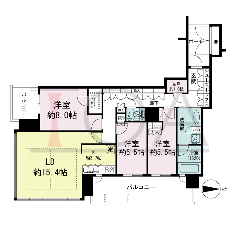 MJR堺筋本町タワーの間取り図 南東向き角　3LDK+N+WIC　専有面積95.62m2
バルコニー面積18.30m2
ポーチ面積4.96m2