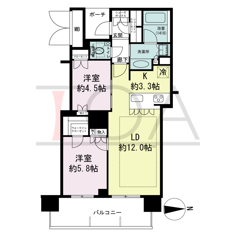 MJR堺筋本町タワーの間取り図 東向き　2LDK+WIC+SIC　専有面積60.32m2
バルコニー面積10.69m2
ポーチ面積2.89m2