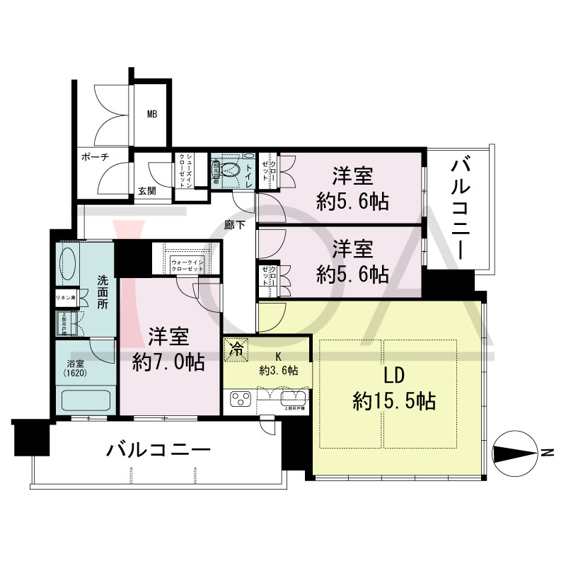 MJR堺筋本町タワーの間取り図 北東向き角　3LDK+WIC+SIC　専有面積88.30m2
バルコニー面積19.73m2
ポーチ面積2.32m2