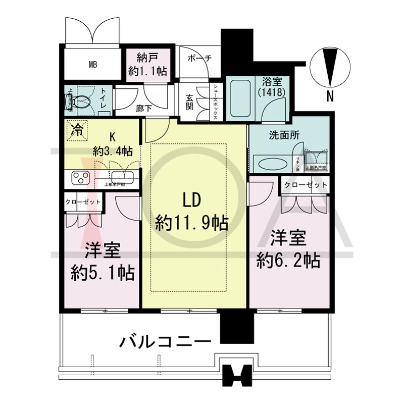 MJR堺筋本町タワーの間取り図 北向き　2LDK+N　専有面積61.14m2
バルコニー面積15.15m2
ポーチ面積1.57m2