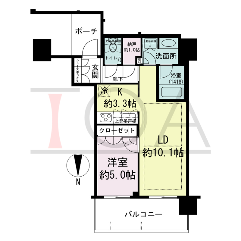 MJR堺筋本町タワーの間取り図 北向き　1LDK+N　専有面積46.42m2
バルコニー面積9.33m2
ポーチ面積3.96m2