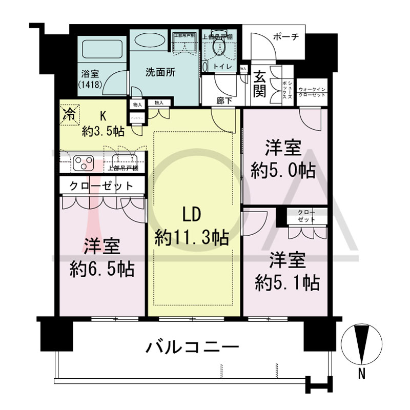 MJR堺筋本町タワーの間取り図 北向き　3LDK+WIC　専有面積70.61m2
バルコニー面積14.80m2
ポーチ面積2.15m2