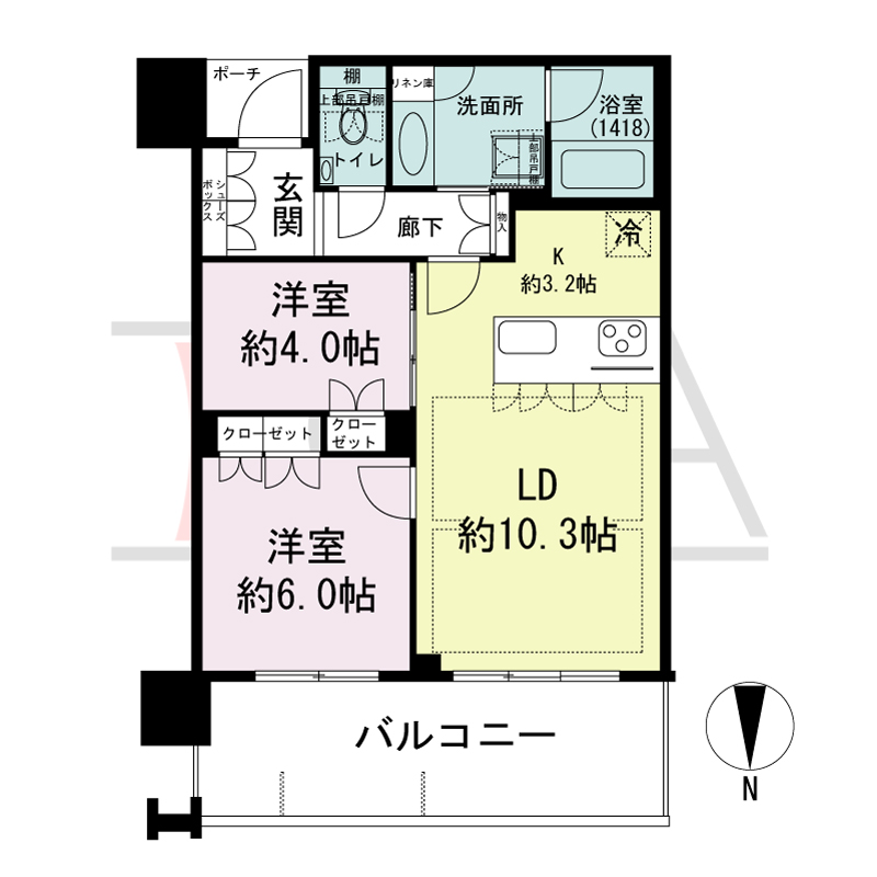 MJR堺筋本町タワーの間取り図 北向き　2LDK　専有面積55.38m2
バルコニー面積12.75m2
ポーチ面積1.86m2