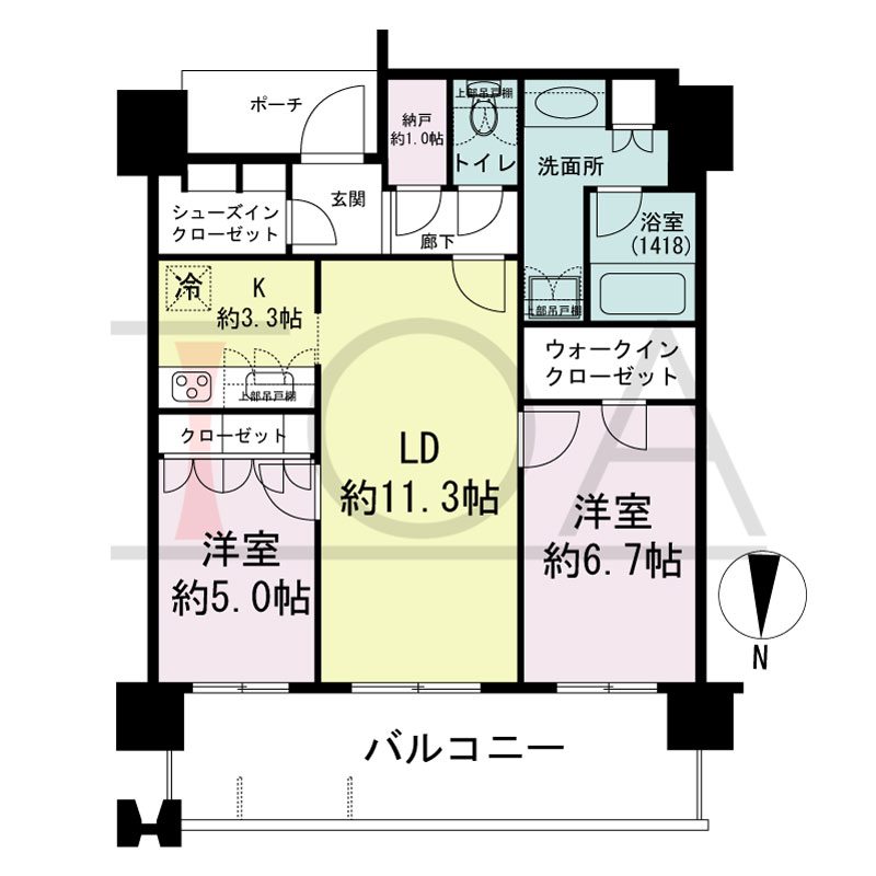 MJR堺筋本町タワーの間取り図 北向き　2LDK+N+WIC+SIC　専有面積66.89m2
バルコニー面積14.19m2
ポーチ面積3.45m2