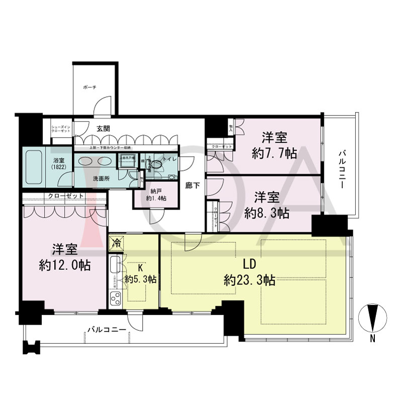 MJR堺筋本町タワーの間取り図 北西向き角　3LDK+N+SIC　専有面積135.12m2
バルコニー面積20.49m2
ポーチ面積4.71m2