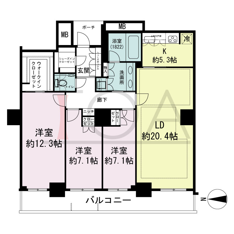 MJR堺筋本町タワーの間取り図 西向き　3LDK+WIC+SIC　専有面積120.10m2
バルコニー面積16.93m2
ポーチ面積3.79m2